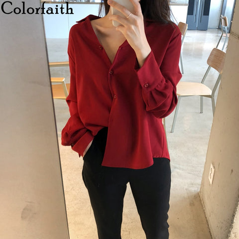 Colorfaith New 2020 Female Spring Summer Blouse Shirts Fashionable Single Breasted Sexy Casual Loose Office Lady Wild Tops BL1838 - Too3Xclussiv3