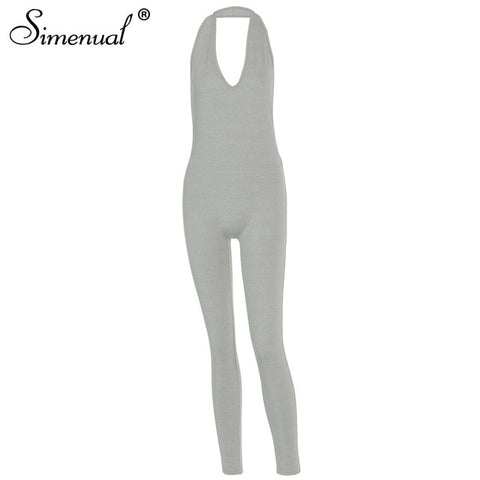 Solid Bodycon Halter Female Long Jumpsuits Skinny Backless Sleeveless Workout Overalls Sportswear Fashion Basic Jumpsuit - Too3Xclussiv3