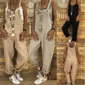 New Female Sleeveless Cotton Linen Overalls Summer Elegant Jumpsuits Romper Casual Vintage Ladies balck Pants Wide Leg Pants 5XL - Too3Xclussiv3