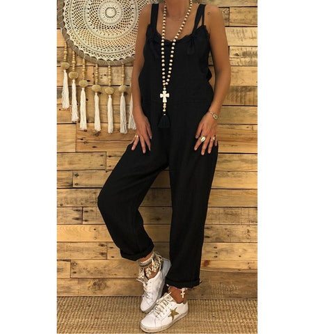 New Female Sleeveless Cotton Linen Overalls Summer Elegant Jumpsuits Romper Casual Vintage Ladies balck Pants Wide Leg Pants 5XL - Too3Xclussiv3