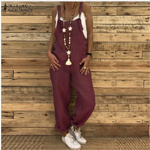 New Female Sleeveless Cotton Linen Overalls Summer Elegant Jumpsuits Romper Casual Vintage Ladies balck Pants Wide Leg Pants 5XL - Too3Xclussiv3