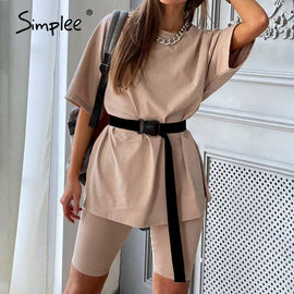 Simplee Casual solid outfits female two piece suit with belt - Too3Xclussiv3