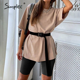 Simplee Casual solid outfits female two piece suit with belt - Too3Xclussiv3