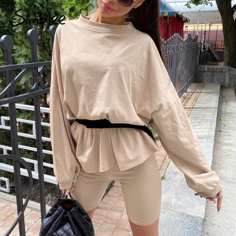 Simplee Casual solid outfits female two piece suit with belt - Too3Xclussiv3