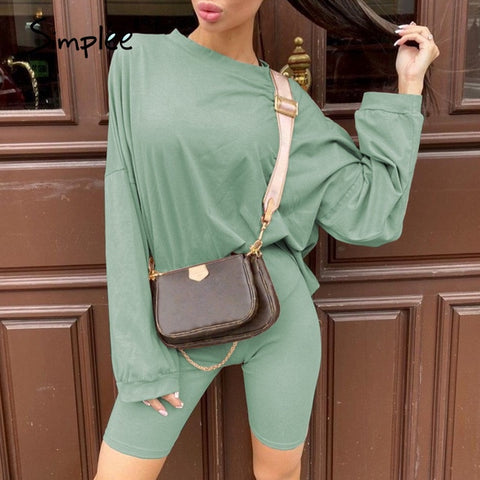 Simplee Casual solid outfits female two piece suit with belt - Too3Xclussiv3