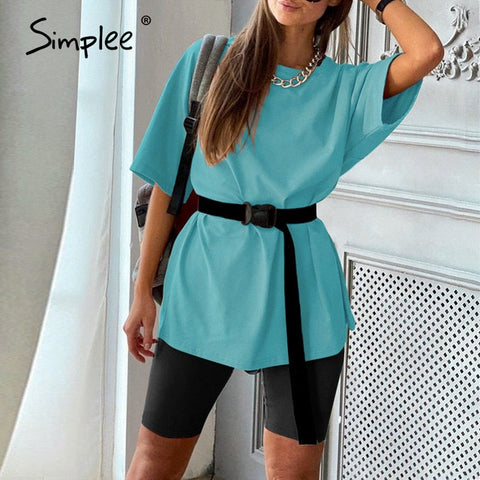 Simplee Casual solid outfits female two piece suit with belt - Too3Xclussiv3