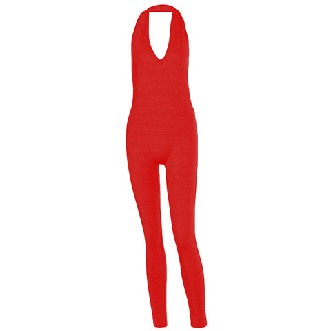 Solid Bodycon Halter Female Long Jumpsuits Skinny Backless Sleeveless Workout Overalls Sportswear Fashion Basic Jumpsuit - Too3Xclussiv3